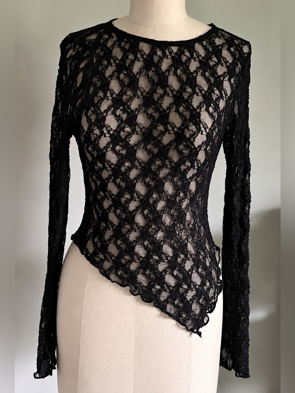 Rita Ora Primark Black Sheer Lace Asymmetrical Top XS